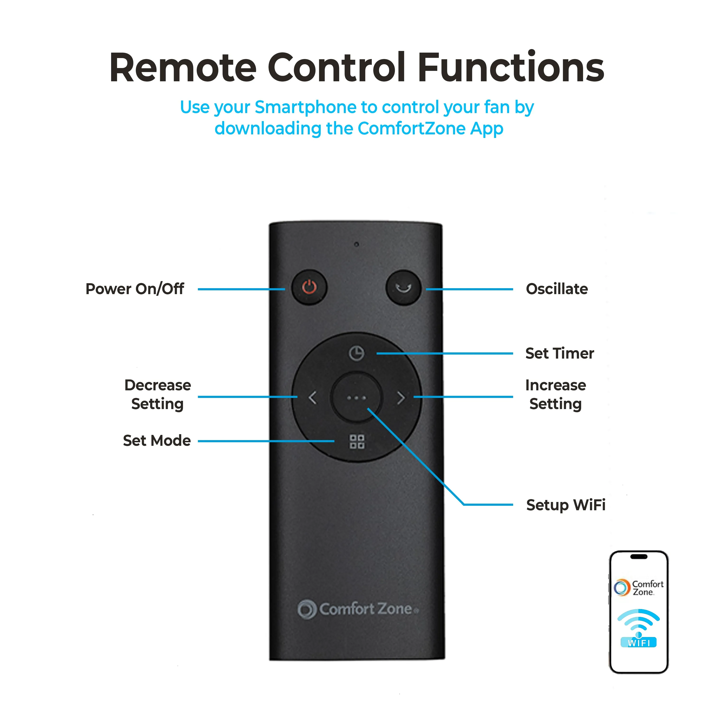 Comfort Zone 42" Smart Wi-Fi Oscillating Portable Tower Fan with Remote