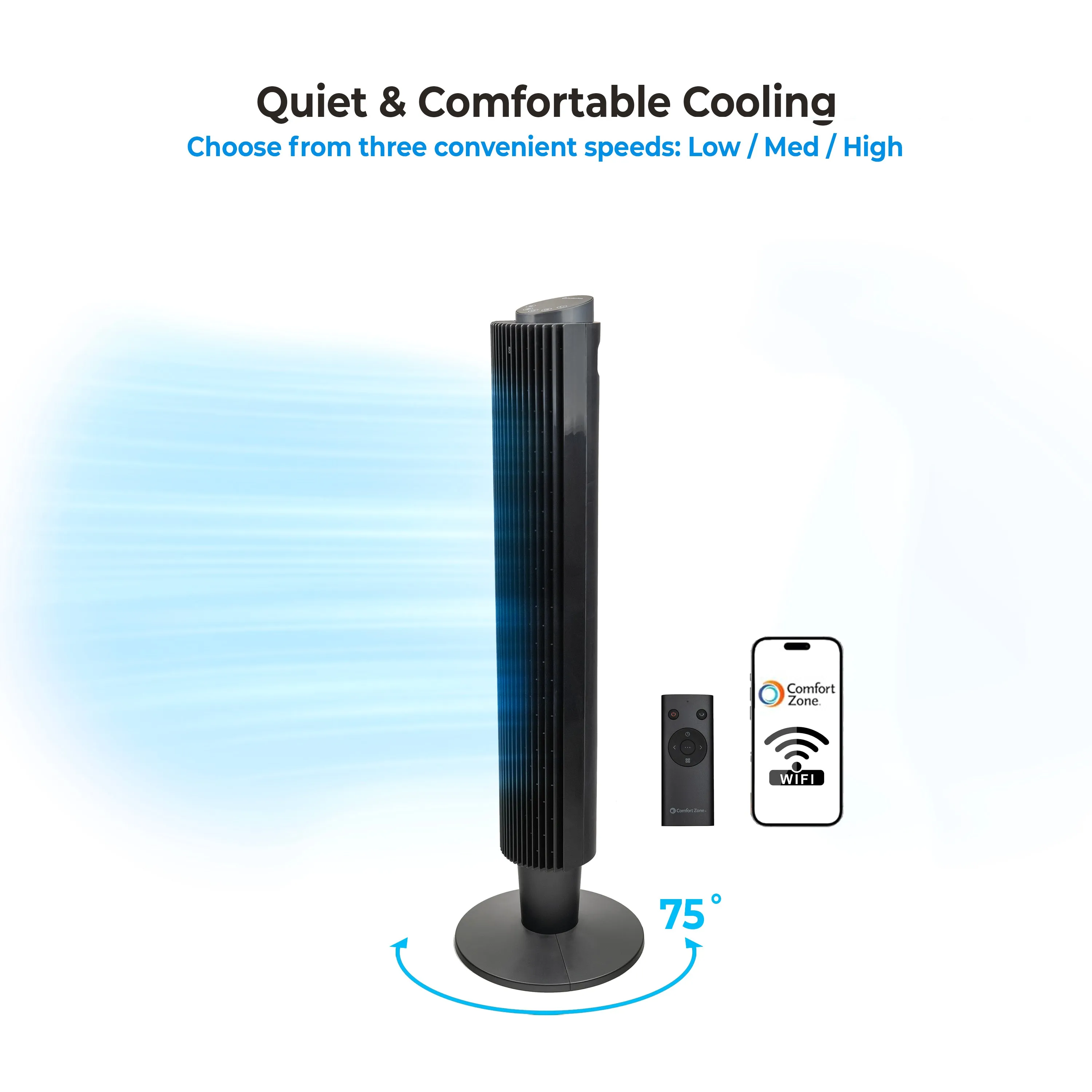 Comfort Zone 42" Smart Wi-Fi Oscillating Portable Tower Fan with Remote