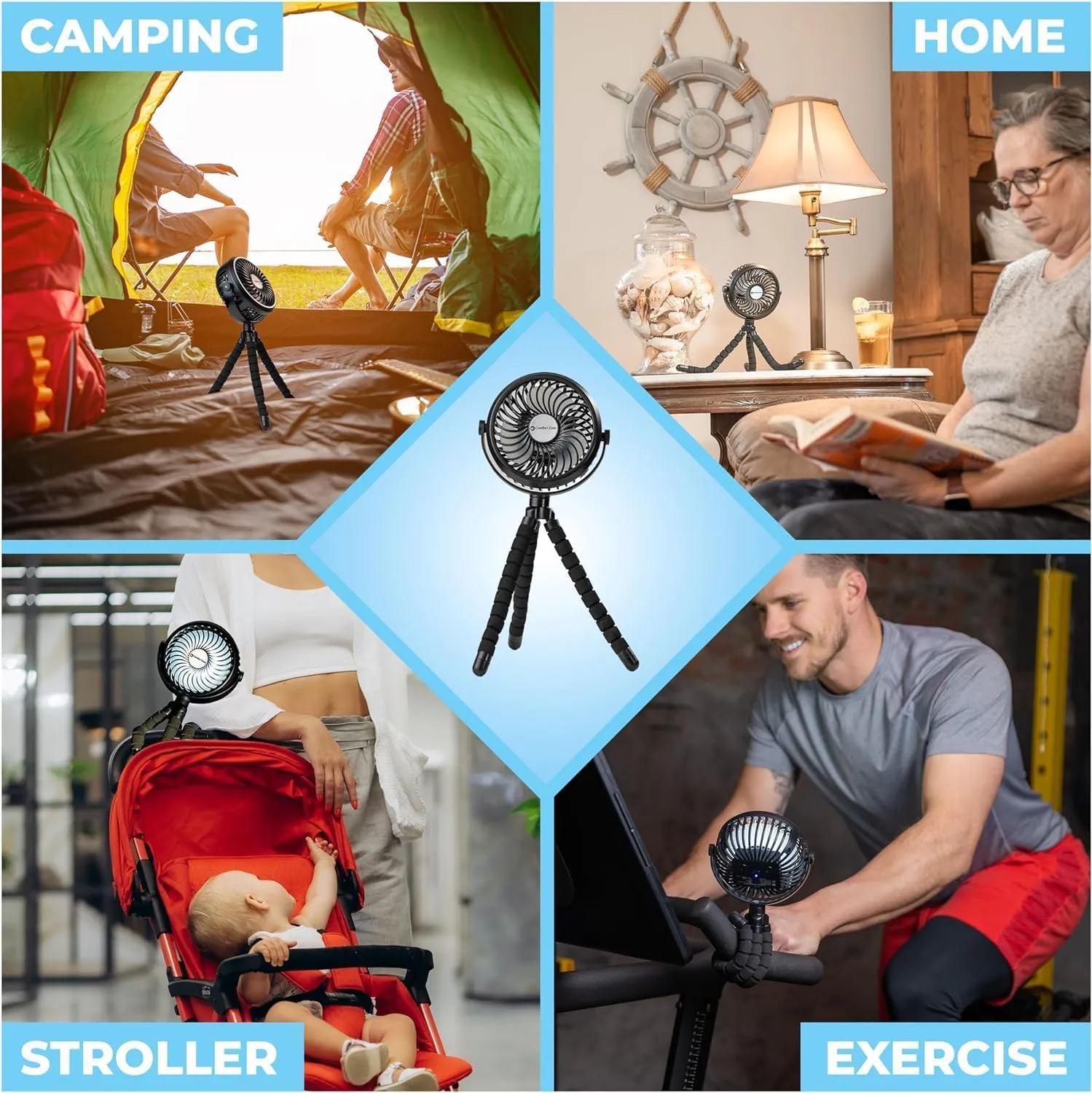 Comfort Zone Portable Stroller Fan, 3 Speed Rechargeable Battery Clip on Fan, 360 Degree Flexible Tripod Cooling Fan, Secure Hold, Ideal for Strollers, Car Seats, Cribs, or Treadmills, Pink