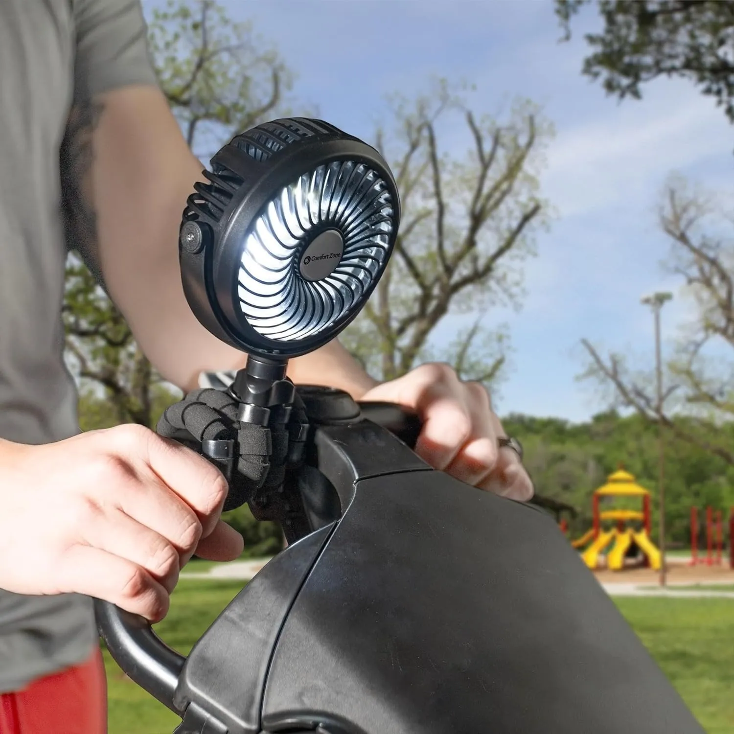 Comfort Zone Portable Stroller Fan, 3 Speed Rechargeable Battery Clip on Fan, 360 Degree Flexible Tripod Cooling Fan, Secure Hold, Ideal for Strollers, Car Seats, Cribs, or Treadmills, Pink