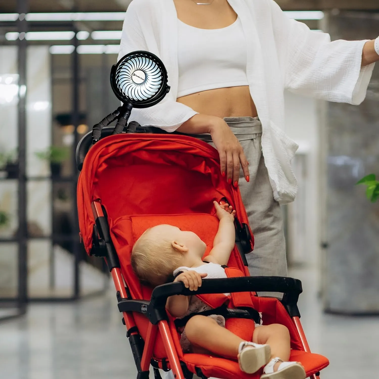 Comfort Zone Portable Stroller Fan, 3 Speed Rechargeable Battery Clip on Fan, 360 Degree Flexible Tripod Cooling Fan, Secure Hold, Ideal for Strollers, Car Seats, Cribs, or Treadmills, Pink