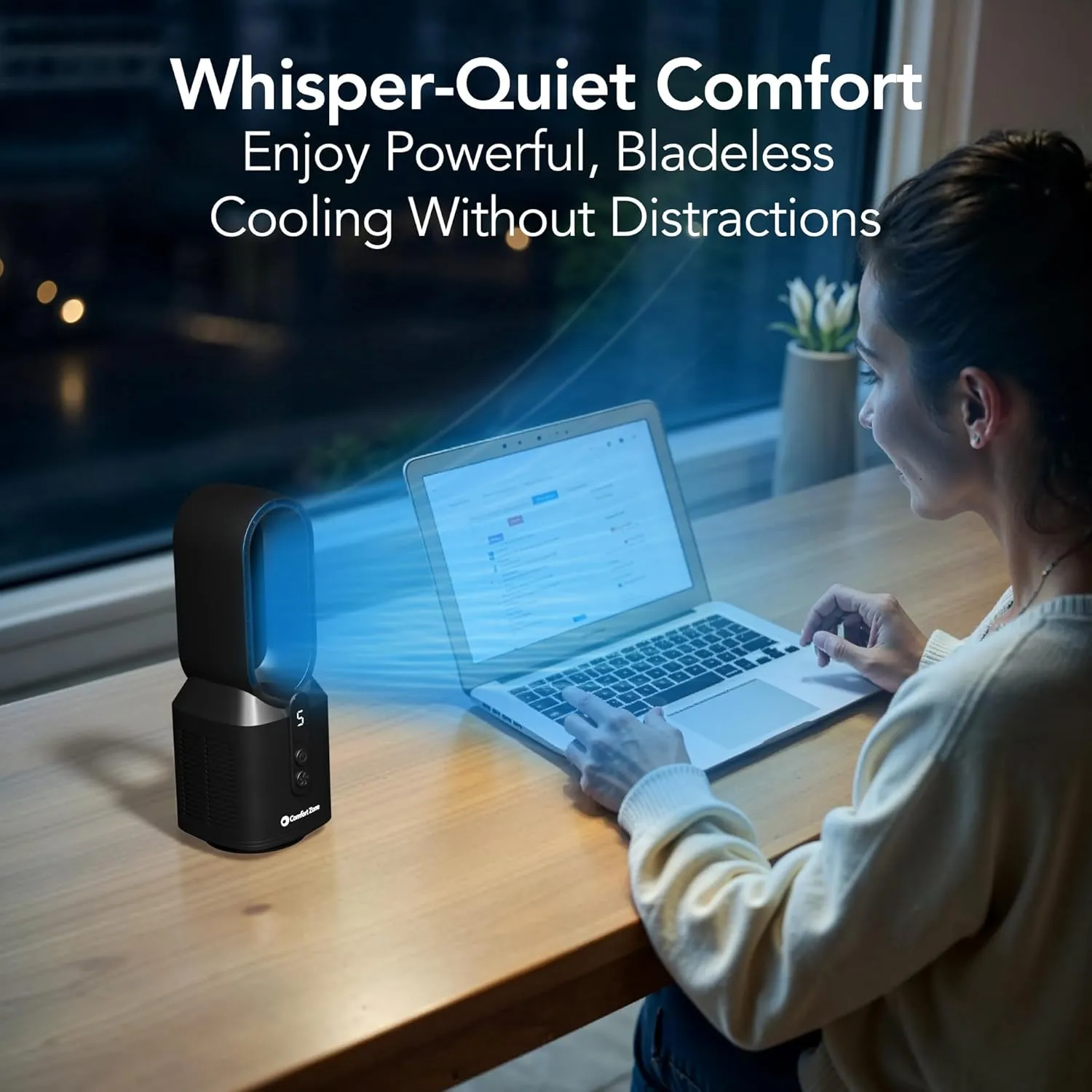 Comfort Zone Rechargeable Bladeless Tabletop Fan for Bedroom and Home, 5 Speed Settings, Display Screen, Non-Slip Feet, Ideal for Home Office, Quiet Operation, 14 inches, Black, DC-14T