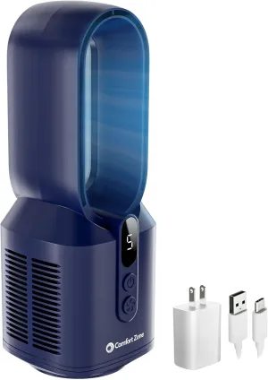 Comfort Zone Rechargeable Bladeless Tabletop Fan for Bedroom and Home, 5 Speed Settings, Display Screen, Non-Slip Feet, Ideal for Home Office, Quiet Operation, 14 inches, Navy, DC-14T Small bladeless fan for quiet cooling