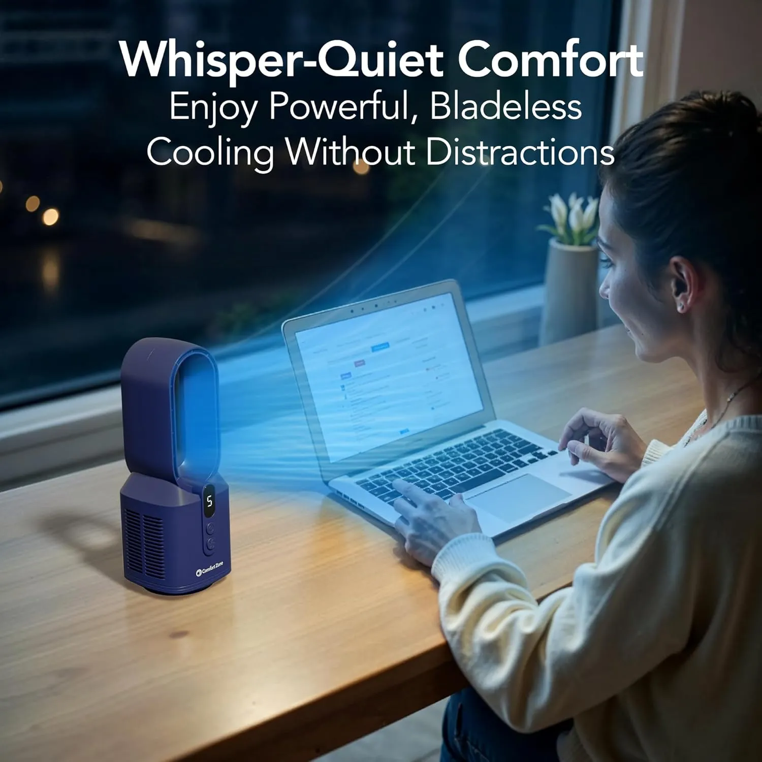 Comfort Zone Rechargeable Bladeless Tabletop Fan for Bedroom and Home, 5 Speed Settings, Display Screen, Non-Slip Feet, Ideal for Home Office, Quiet Operation, 14 inches, Navy, DC-14T