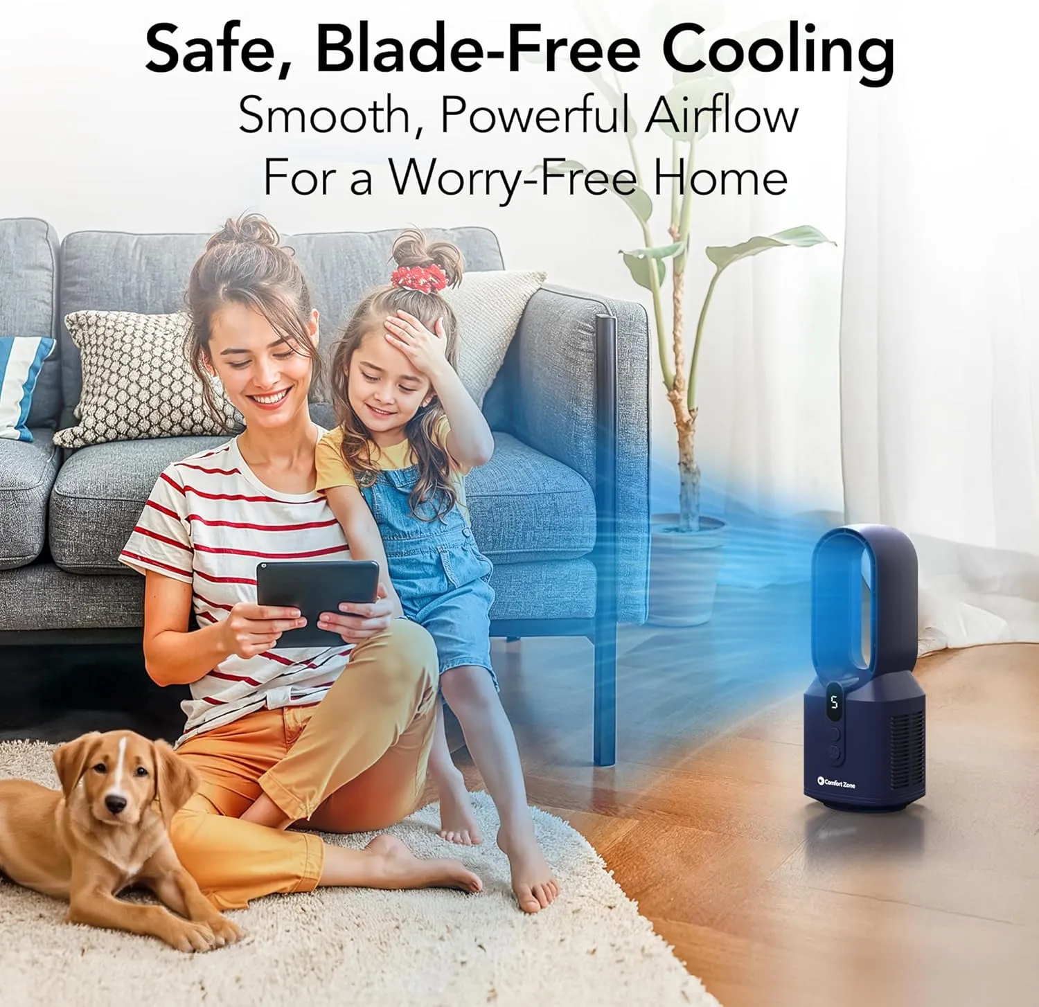 Comfort Zone Rechargeable Bladeless Tabletop Fan for Bedroom and Home, 5 Speed Settings, Display Screen, Non-Slip Feet, Ideal for Home Office, Quiet Operation, 14 inches, Navy, DC-14T