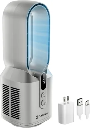Comfort Zone Rechargeable Bladeless Tabletop Fan for Bedroom and Home, 5 Speed Settings, Display Screen, Non-Slip Feet, Ideal for Home Office, Quiet Operation, 14 inches, Silver, DC-14T Small bladeless fan for quiet cooling