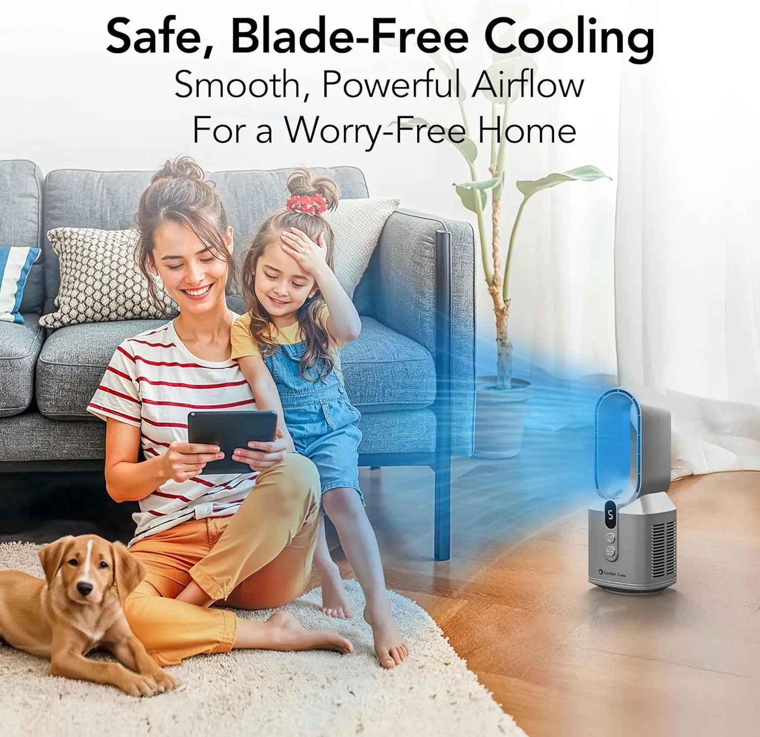 Comfort Zone Rechargeable Bladeless Tabletop Fan for Bedroom and Home, 5 Speed Settings, Display Screen, Non-Slip Feet, Ideal for Home Office, Quiet Operation, 14 inches, Silver, DC-14T