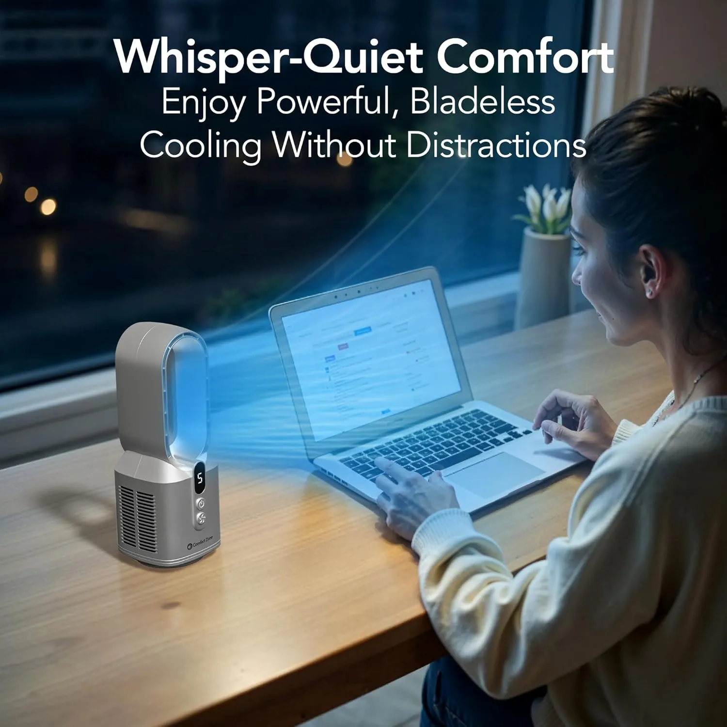 Comfort Zone Rechargeable Bladeless Tabletop Fan for Bedroom and Home, 5 Speed Settings, Display Screen, Non-Slip Feet, Ideal for Home Office, Quiet Operation, 14 inches, Silver, DC-14T