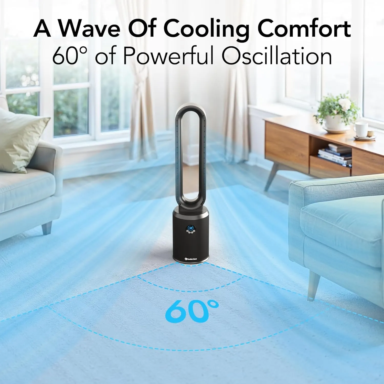 Comfort Zone Tower Fan for Bedroom, 40 inch Bladeless Stand Fan with Remote Control, 9H Timer, Wide Area Oscillation, Push Button Digital Display, 3 Speed Home Floor Fan, Black
