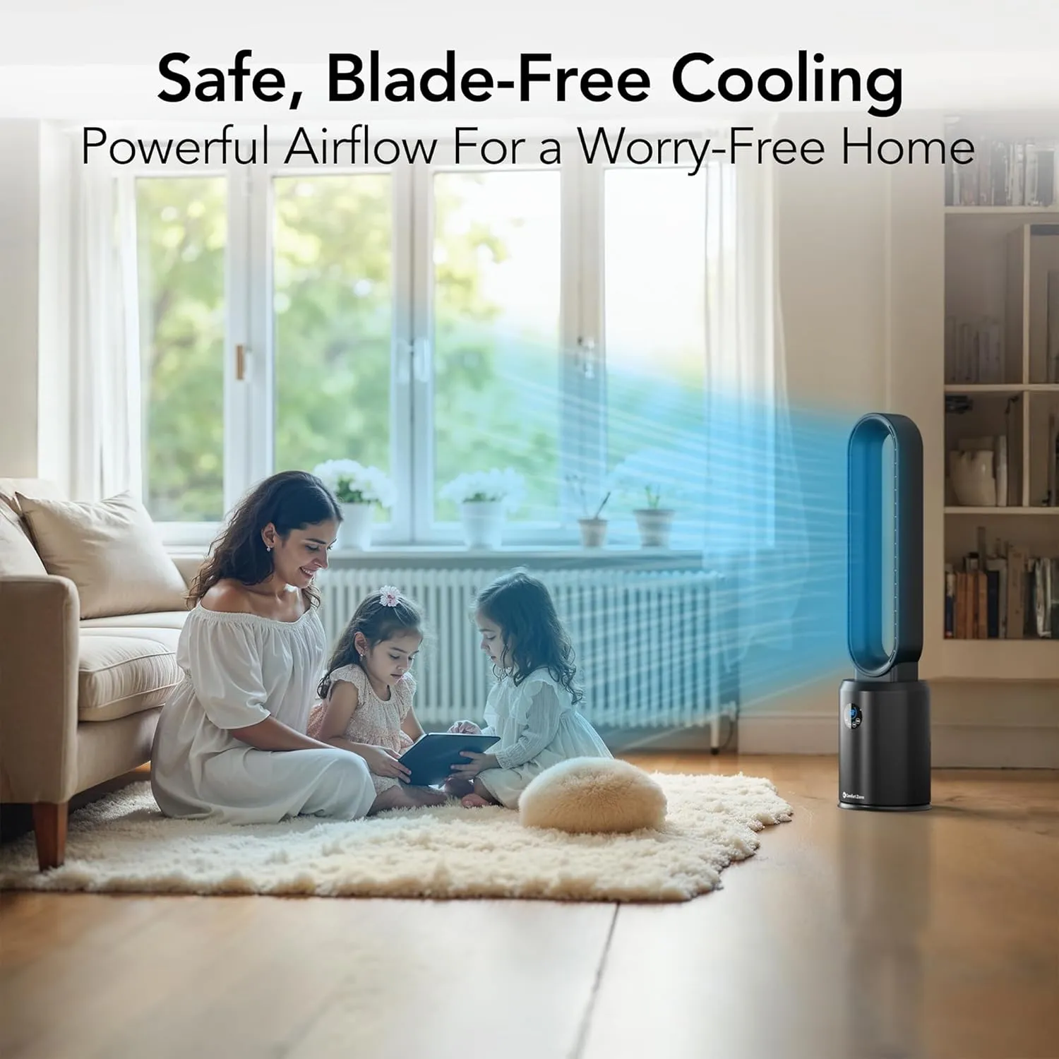 Comfort Zone Tower Fan for Bedroom, 40 inch Bladeless Stand Fan with Remote Control, 9H Timer, Wide Area Oscillation, Push Button Digital Display, 3 Speed Home Floor Fan, Black