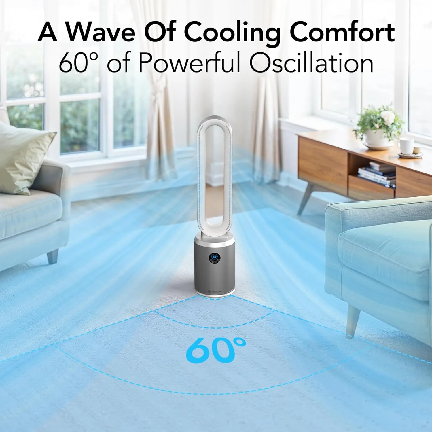 Comfort Zone Tower Fan for Bedroom, 40 inch Bladeless Stand Fan with Remote Control, 9H Timer, Wide Area Oscillation, Push Button Digital Display, 3 Speed Home Floor Fan, Silver