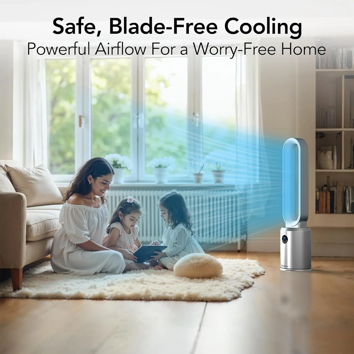 Comfort Zone Tower Fan for Bedroom, 40 inch Bladeless Stand Fan with Remote Control, 9H Timer, Wide Area Oscillation, Push Button Digital Display, 3 Speed Home Floor Fan, Silver