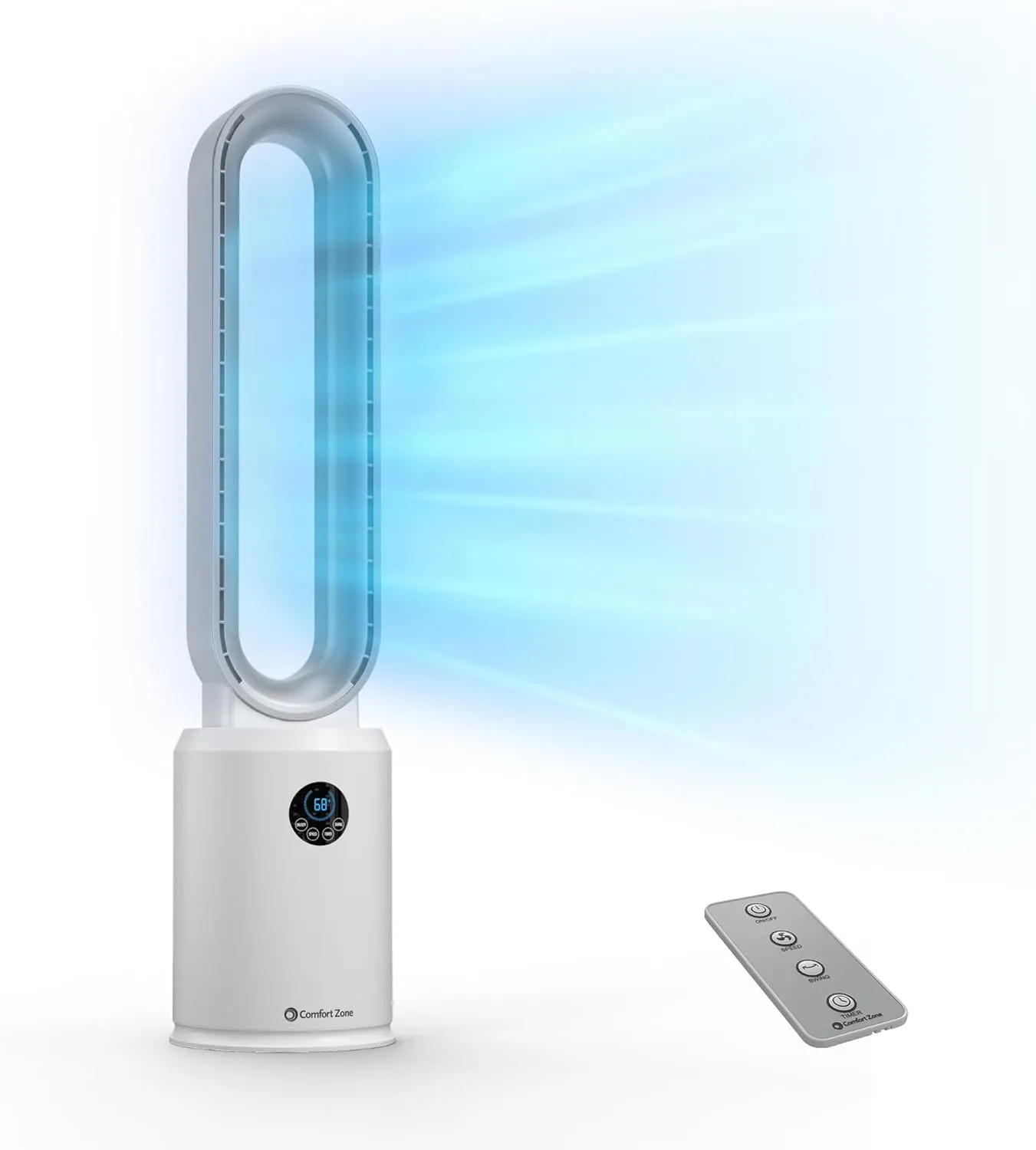 Comfort Zone Tower Fan for Bedroom, 40 inch Bladeless Stand Fan with Remote Control, 9H Timer, Wide Area Oscillation, Push Button Digital Display, 3 Speed Home Floor Fan, White/Silver