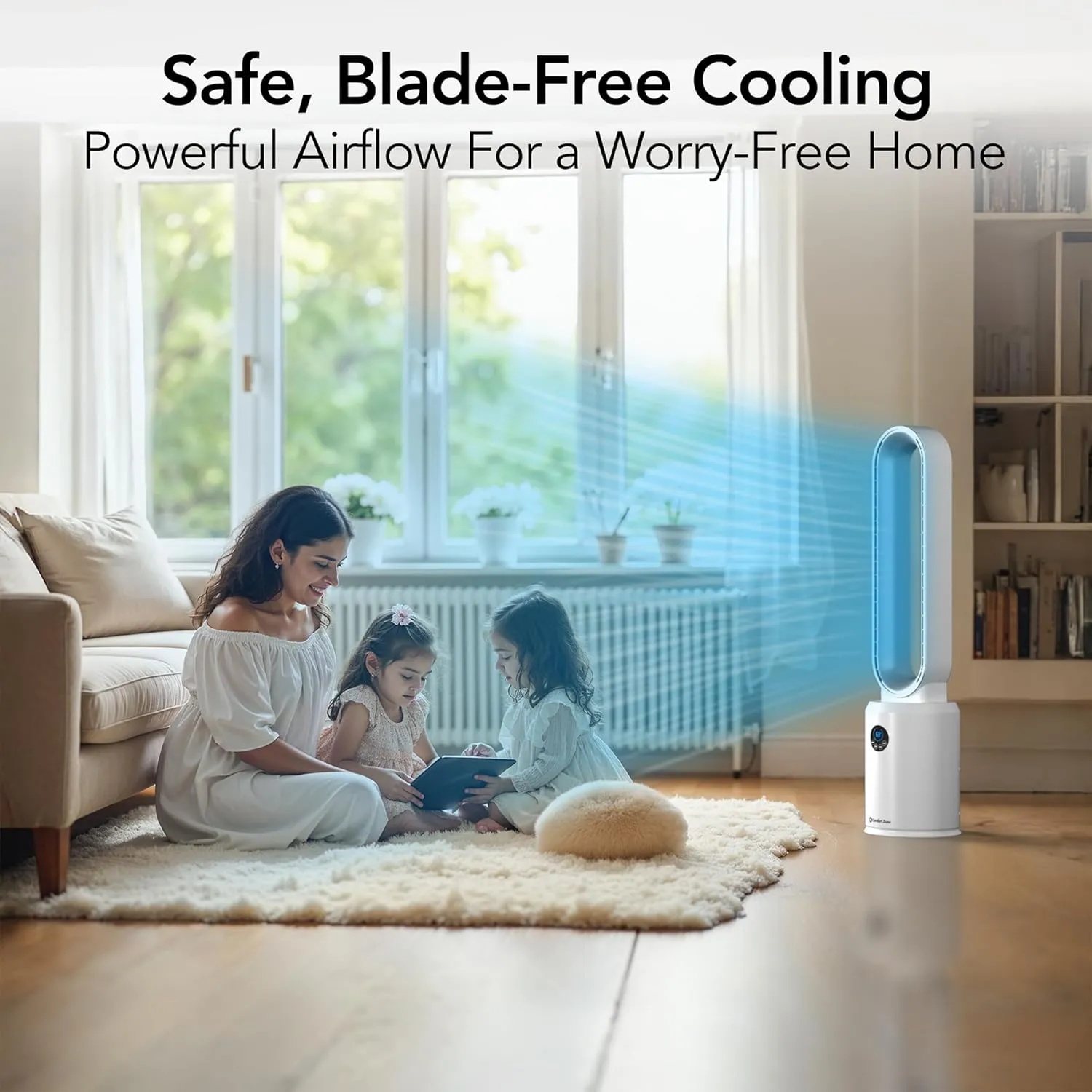 Comfort Zone Tower Fan for Bedroom, 40 inch Bladeless Stand Fan with Remote Control, 9H Timer, Wide Area Oscillation, Push Button Digital Display, 3 Speed Home Floor Fan, White/Silver