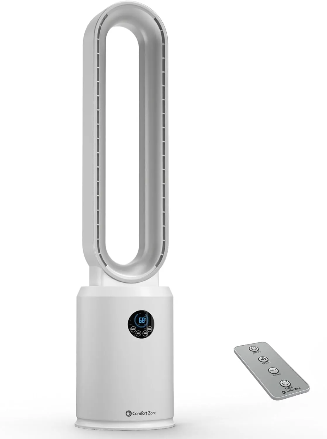 Comfort Zone Tower Fan for Bedroom, 40 inch Bladeless Stand Fan with Remote Control, 9H Timer, Wide Area Oscillation, Push Button Digital Display, 3 Speed Home Floor Fan, White/Silver Small bladeless fan for quiet cooling