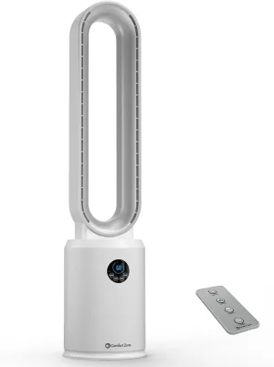 Comfort Zone Tower Fan for Bedroom, 40 inch Bladeless Stand Fan with Remote Control, 9H Timer, Wide Area Oscillation, Push Button Digital Display, 3 Speed Home Floor Fan, White/Silver Small bladeless fan for quiet cooling