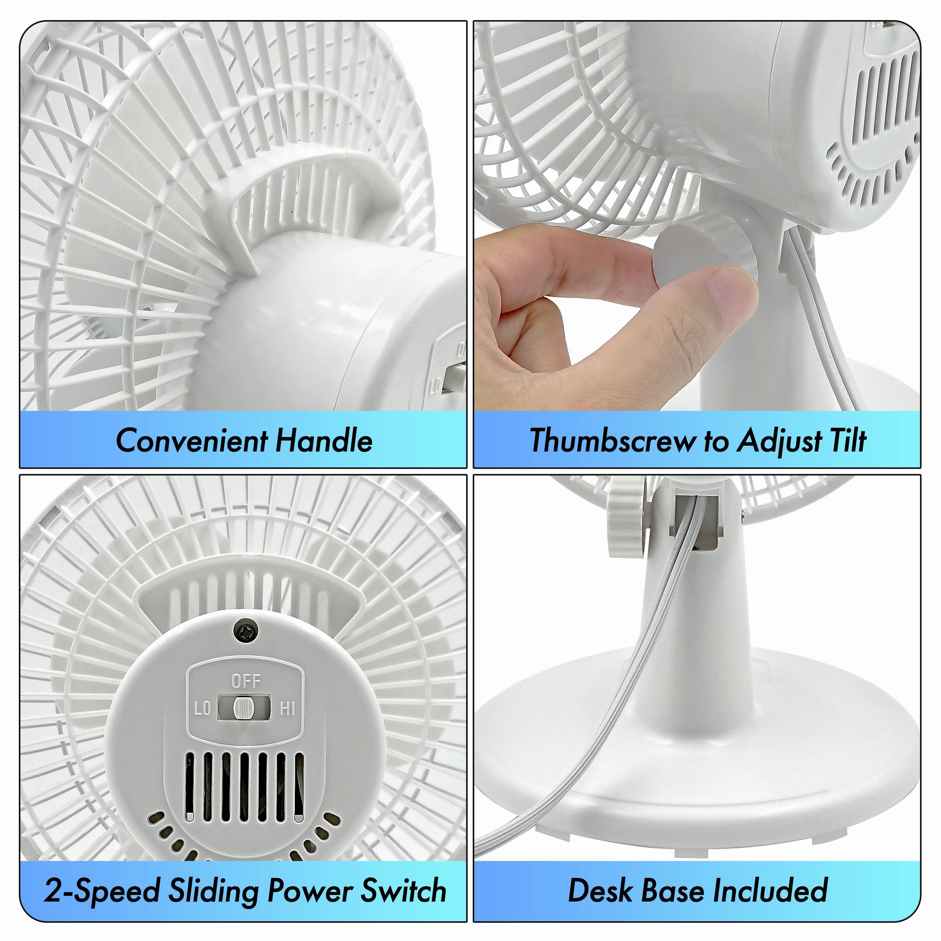Comfort Zone 6" 2-Speed Desk Fan with Stable Base and Adjustable Tilt