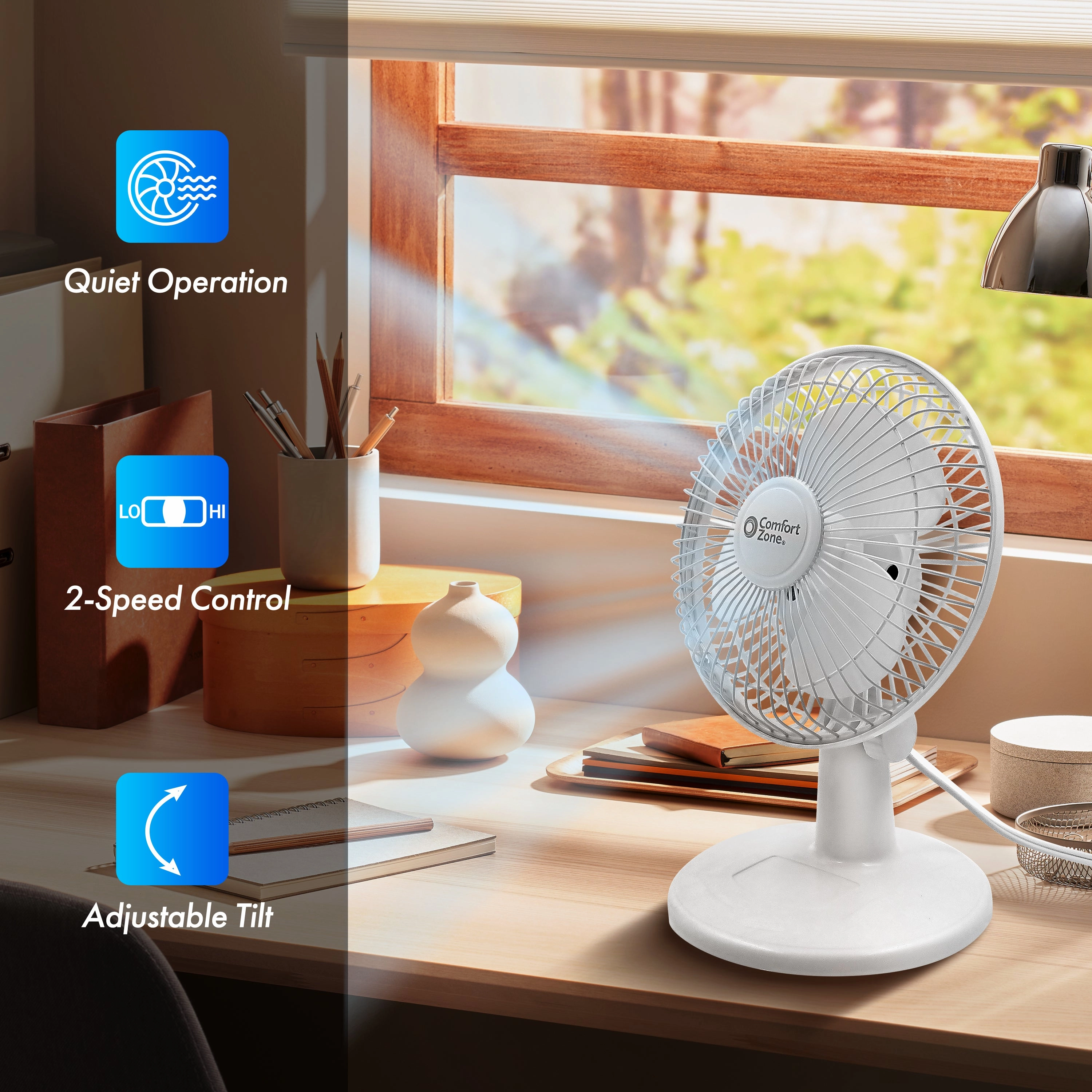 Comfort Zone 6" 2-Speed Desk Fan with Stable Base and Adjustable Tilt