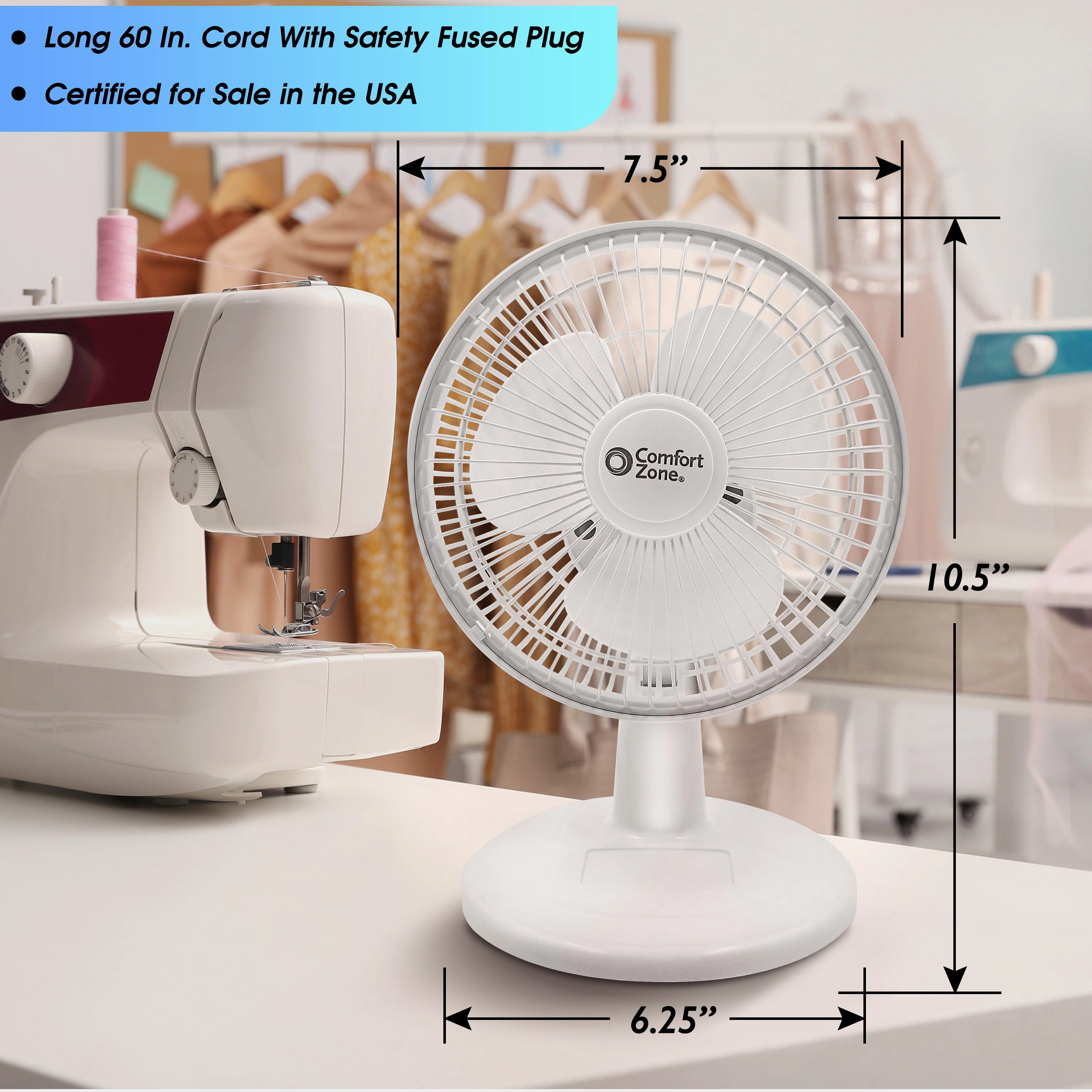 Comfort Zone 6" 2-Speed Desk Fan with Stable Base and Adjustable Tilt
