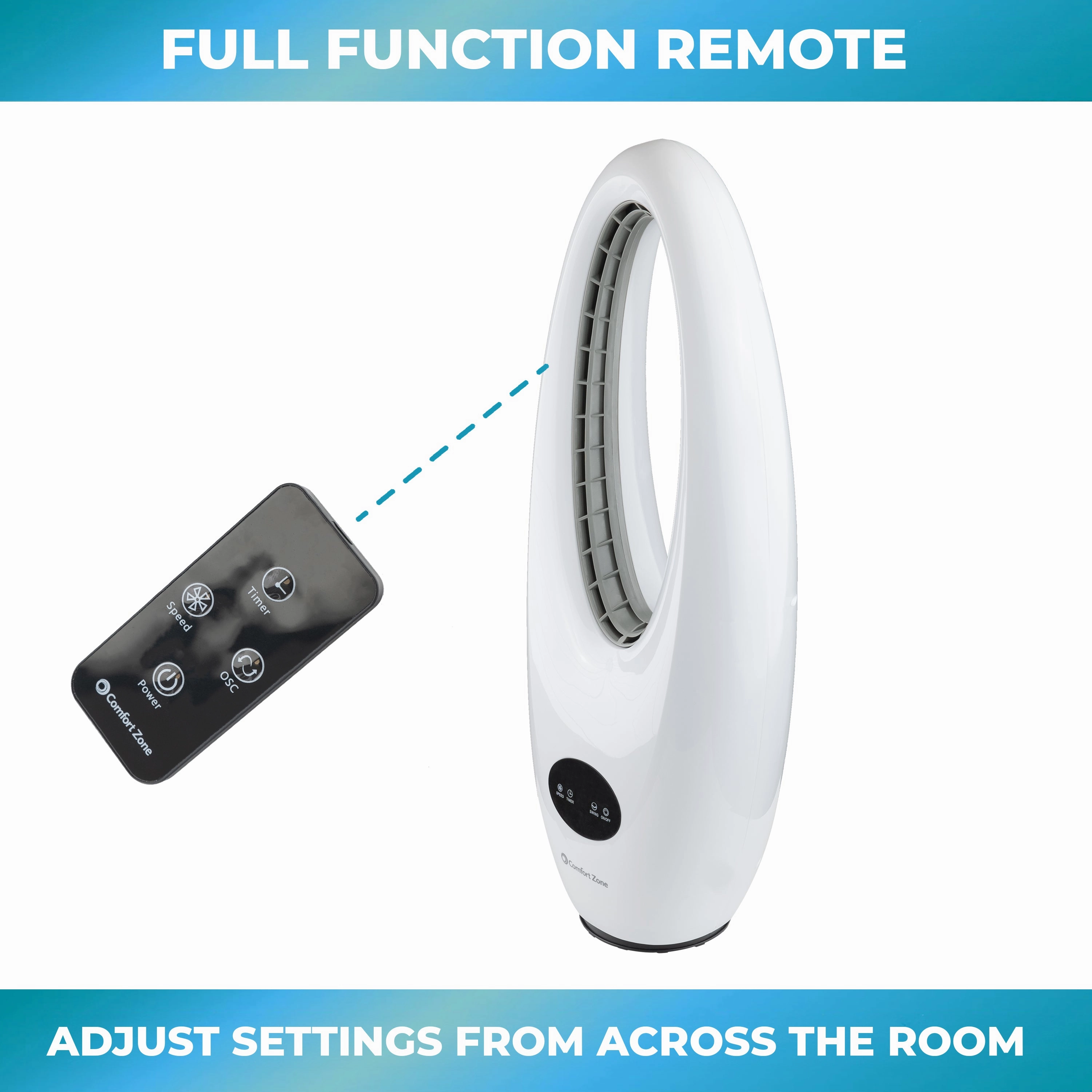Comfort Zone Oscillating 28" Bladeless Tower Fan with Remote Control