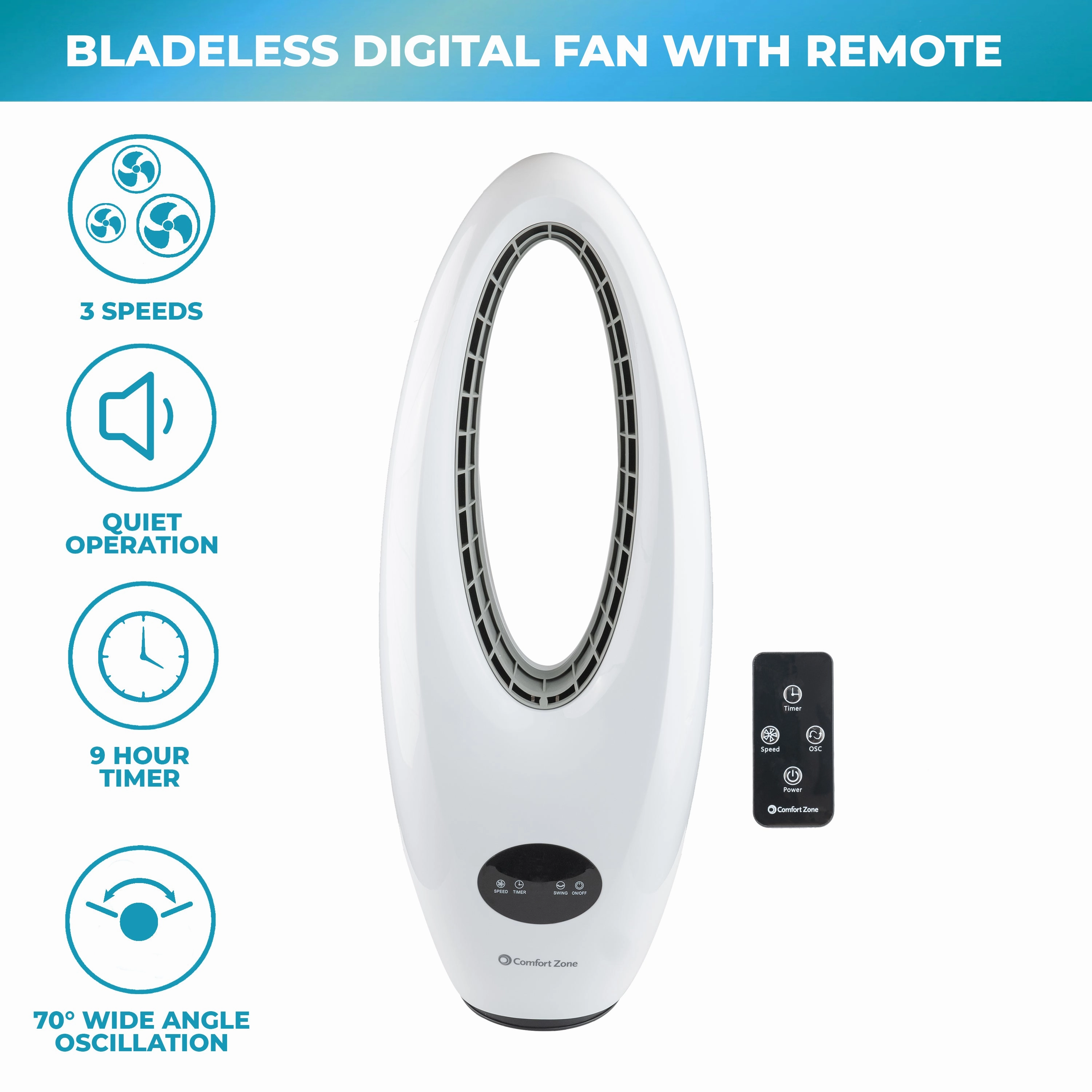 Comfort Zone Oscillating 28" Bladeless Tower Fan with Remote Control