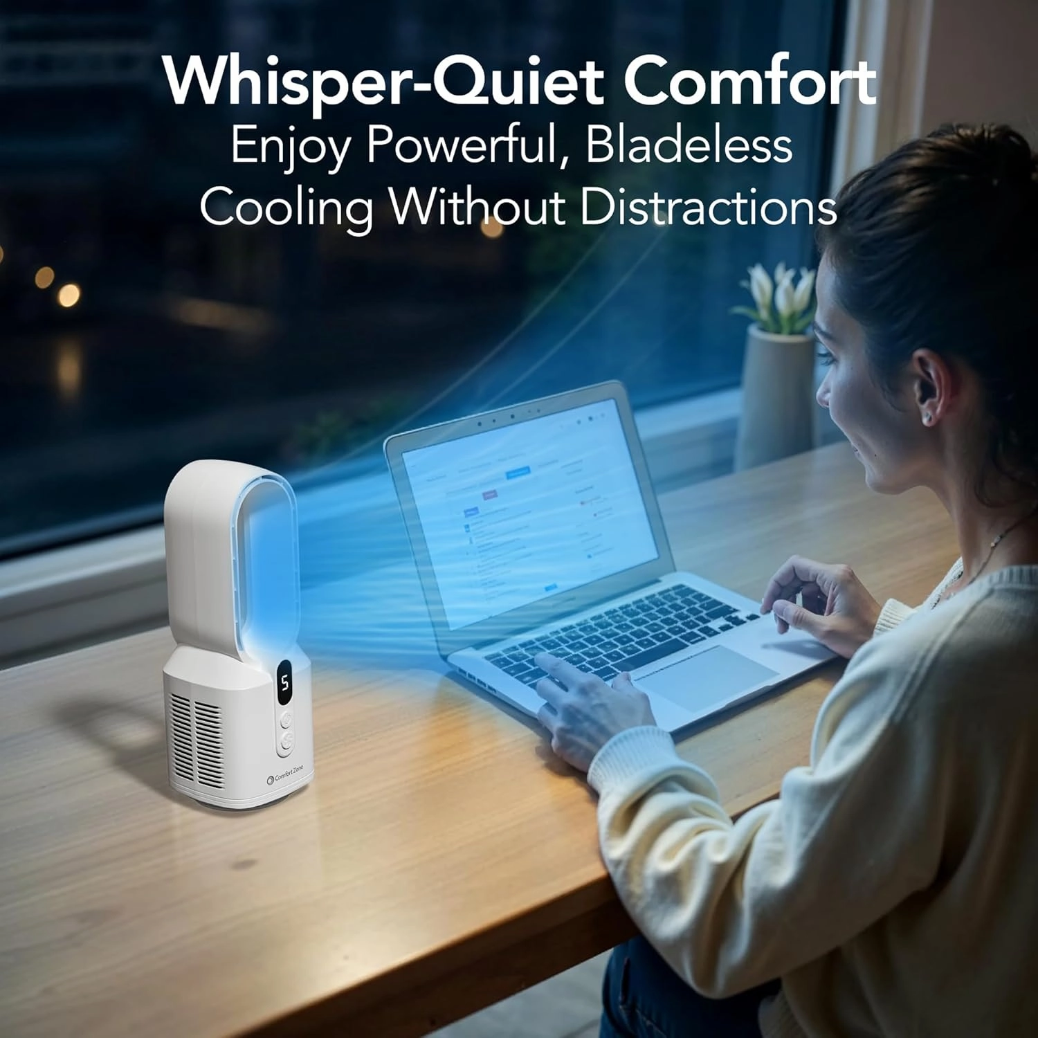 Comfort Zone Rechargeable Bladeless Tabletop Fan for Bedroom and Home, 5 Speed Settings, Display Screen, Non-Slip Feet, Ideal for Home Office, Quiet Operation, 14 inches, White, DC-14T