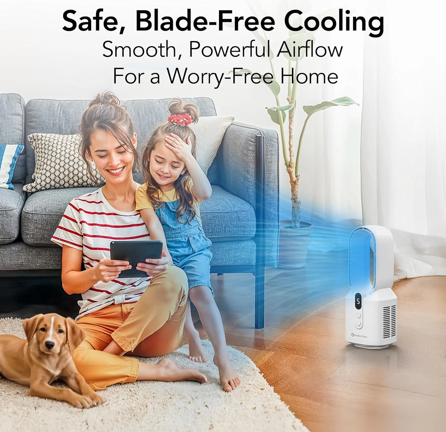 Comfort Zone Rechargeable Bladeless Tabletop Fan for Bedroom and Home, 5 Speed Settings, Display Screen, Non-Slip Feet, Ideal for Home Office, Quiet Operation, 14 inches, White, DC-14T