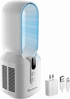 Comfort Zone Rechargeable Bladeless Tabletop Fan for Bedroom and Home, 5 Speed Settings, Display Screen, Non-Slip Feet, Ideal for Home Office, Quiet Operation, 14 inches, White, DC-14T Small bladeless fan for quiet cooling