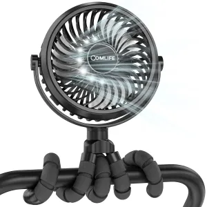 COMLIFE Baby Stroller Fan With Light, Rechargeable Battery Operated, Max 10Hrs Cooling, 3 Speeds, 360 Rotate USB Desk Fan, Flexible Tripod Clip On Fan for Stroller Car Seat Crib Treadmill Golf Cart 360-degree rotating fan for home use