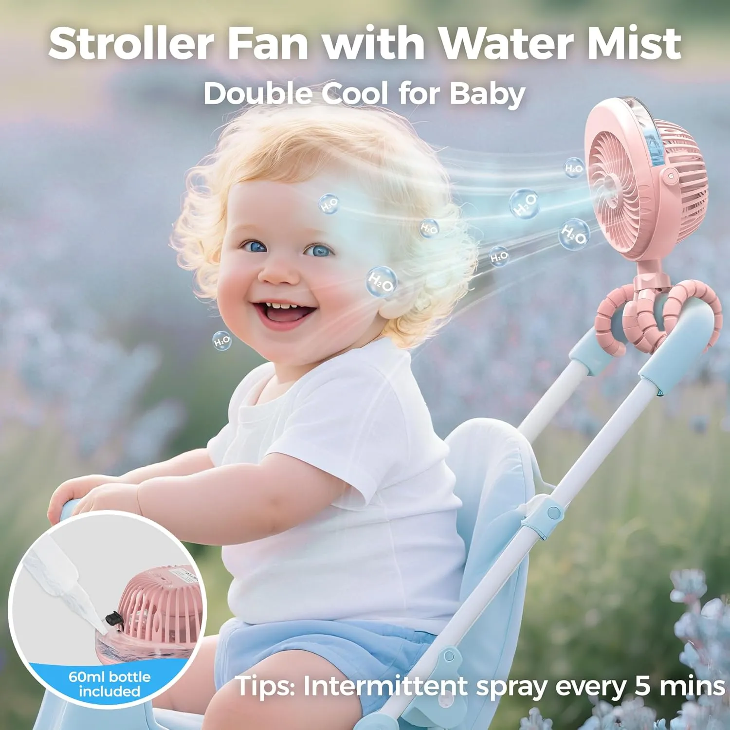 COMLIFE Misting Baby Stroller Fan, Rechargeable Battery Operated, 270 & 360 Pivoting, 50ml Portable Water Sprayer Misting Fan with Flexible Tripod Clip on Car Seat Crib Treadmill Bunk Bed