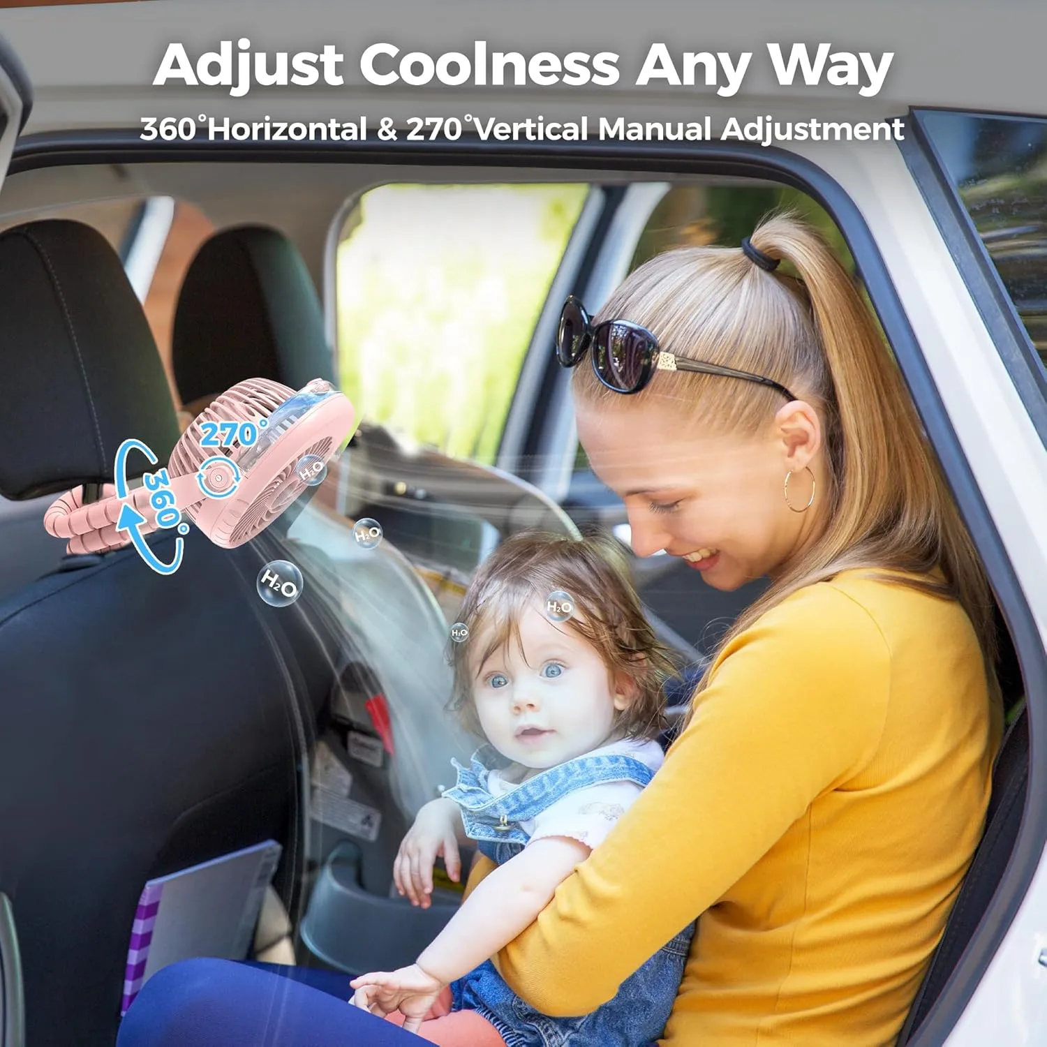 COMLIFE Misting Baby Stroller Fan, Rechargeable Battery Operated, 270 & 360 Pivoting, 50ml Portable Water Sprayer Misting Fan with Flexible Tripod Clip on Car Seat Crib Treadmill Bunk Bed