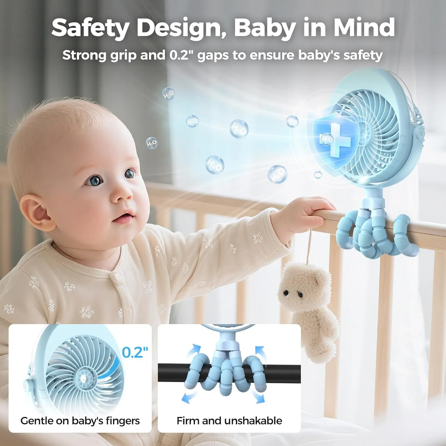 COMLIFE Misting Baby Stroller Fan, Rechargeable Battery Operated, 270 & 360 Pivoting, 50ml Portable Water Sprayer Misting Fan with Flexible Tripod Clip on Car Seat Crib Treadmill Bunk Bed