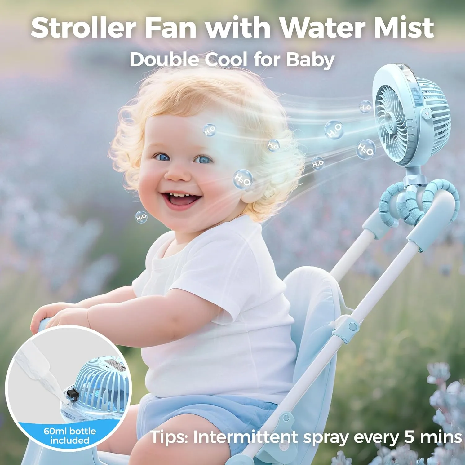 COMLIFE Misting Baby Stroller Fan, Rechargeable Battery Operated, 270 & 360 Pivoting, 50ml Portable Water Sprayer Misting Fan with Flexible Tripod Clip on Car Seat Crib Treadmill Bunk Bed