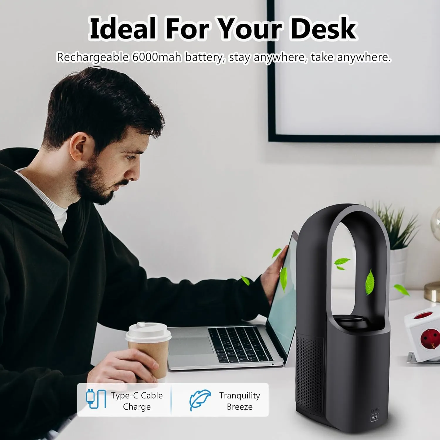 CONBOLA Desk Fan Portable, Aromatherapy Function, Battery Operated Lasting 17 Hours,11.8 Inch Tower Fan with 3speeds, Quiet Cooling,Standing Floor Fans for Office, Home, House (Black)