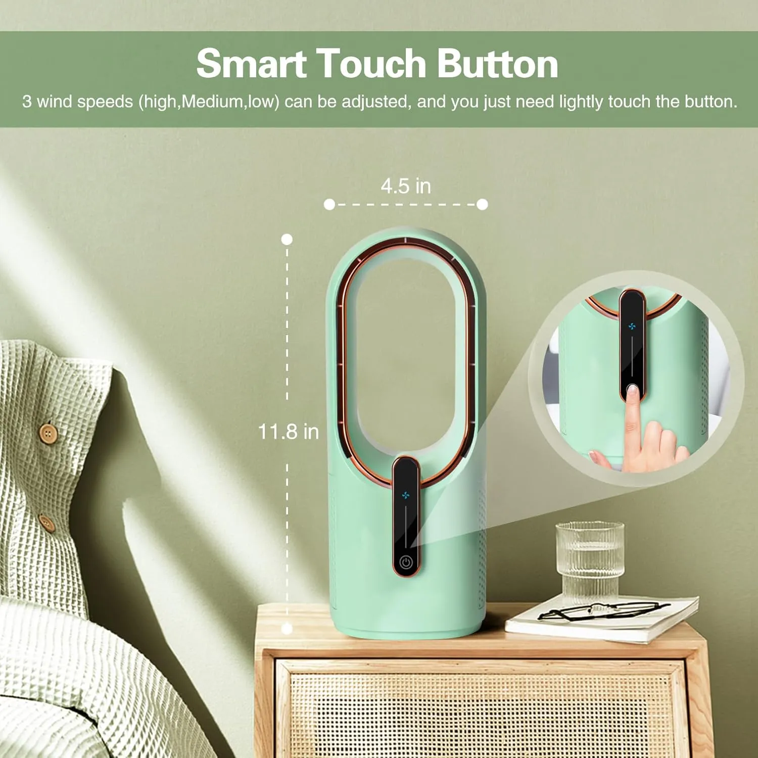 CONBOLA Desk Fan Portable, Battery Operated,Quiet Desktop Fan Bladeless with 3 Cooling Speeds, 11.8 Inch Touch Control Personal Fan for Bedroom, Office, Home, Outdoor (Green)
