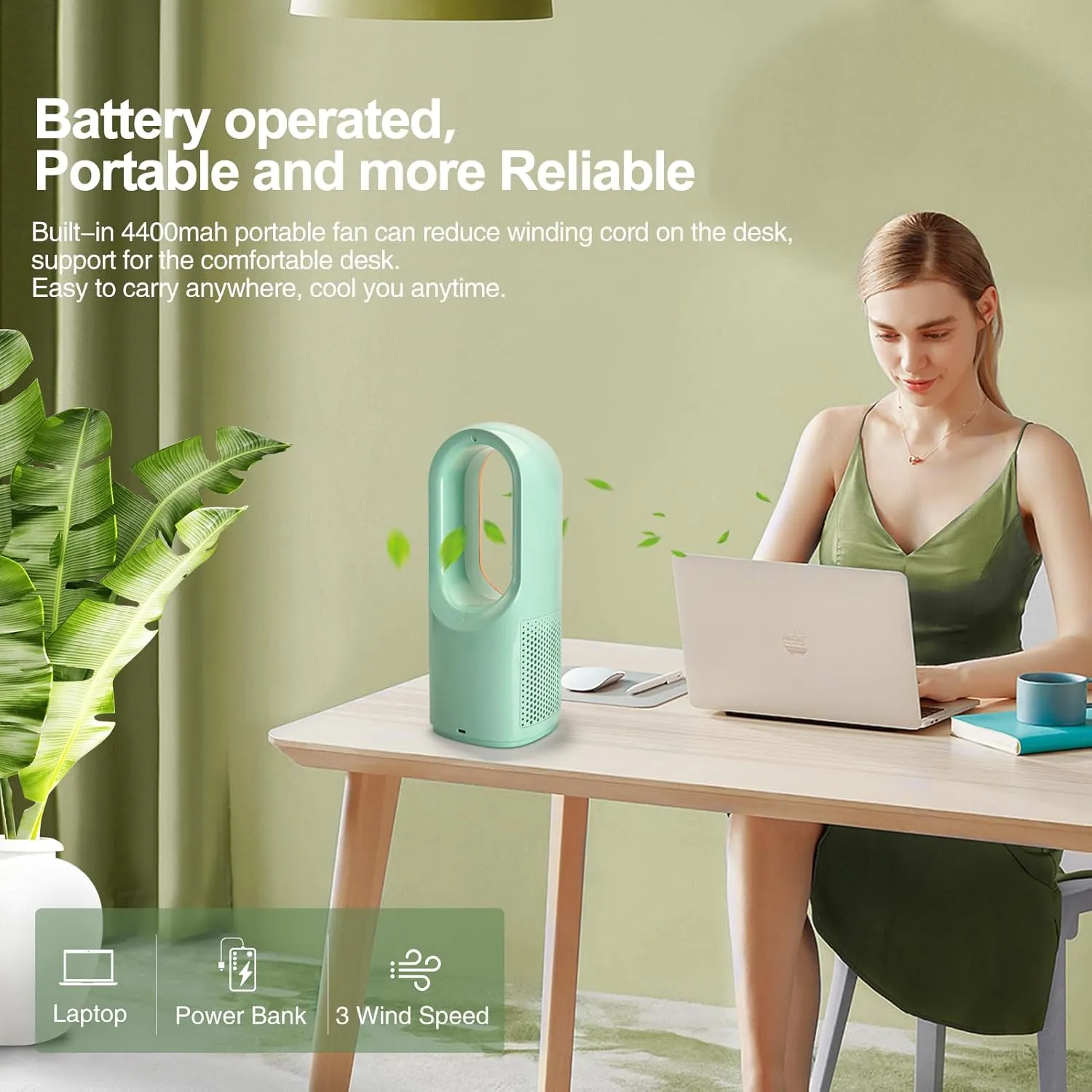CONBOLA Desk Fan Portable, Battery Operated,Quiet Desktop Fan Bladeless with 3 Cooling Speeds, 11.8 Inch Touch Control Personal Fan for Bedroom, Office, Home, Outdoor (Green)