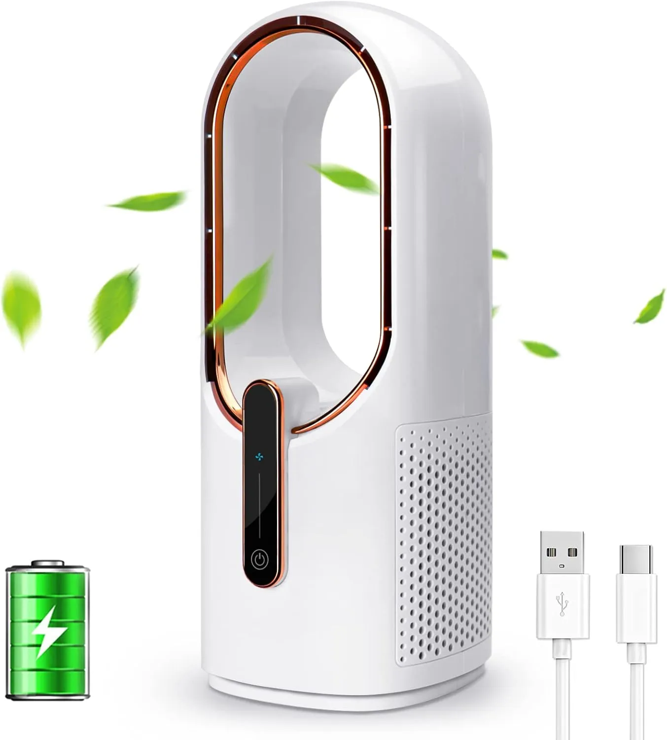CONBOLA Desk Fan Small Quiet, Battery Operated Portable, Bladeless Desktop Fan with 3 Cooling Speeds, 11.8 Inch Touch Control Personal Fan for Bedroom, Office, Home, Outdoor (White) Desktop fan with humidification feature