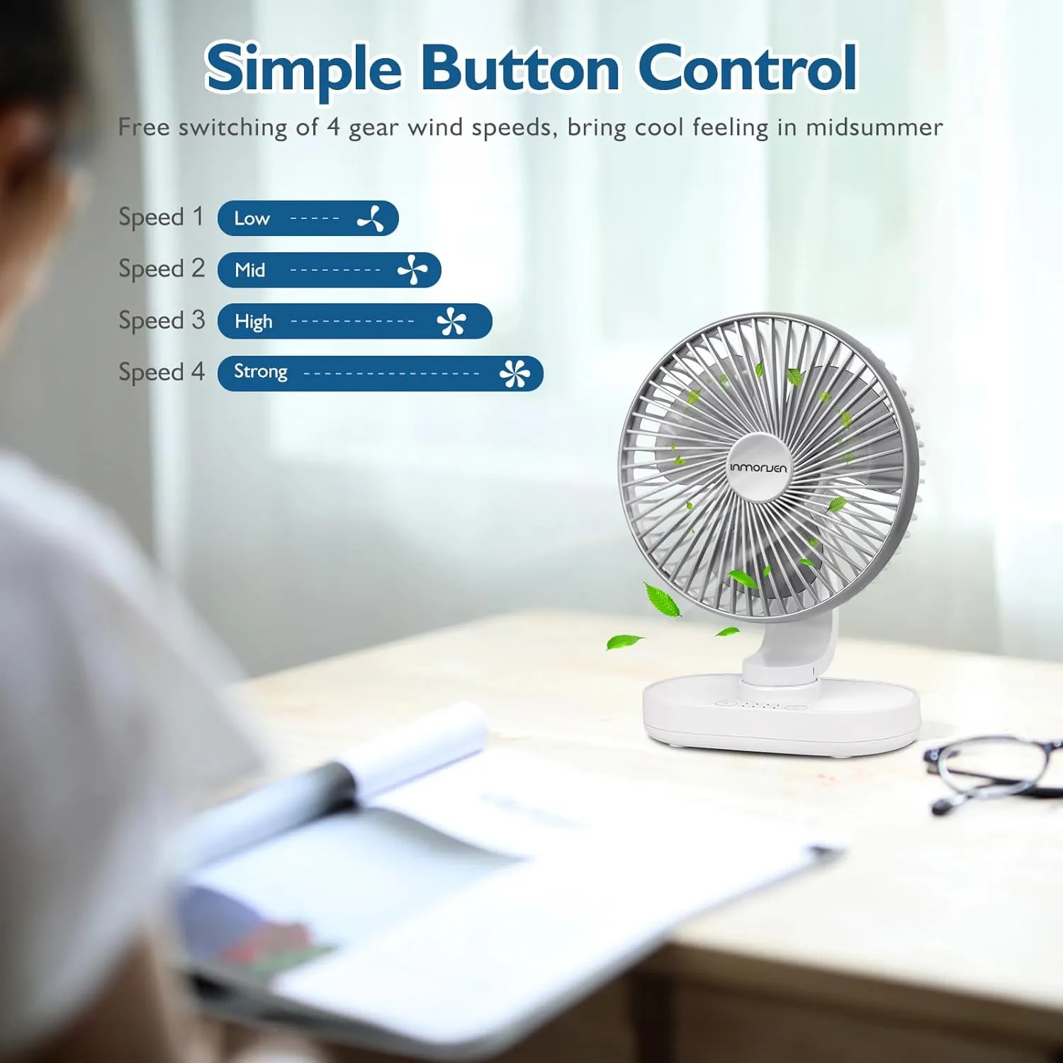CONBOLA Small Desk Fan for Bedroom, 4000mAh Battery Powered Rechargeable Fan, 90 Vertical Manual and 120 Oscillating, 4 Speeds Air Circulator Fan, Quiet Table Fan for Home Office, White