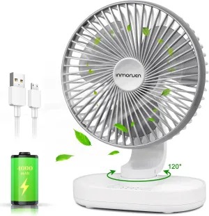 CONBOLA Small Desk Fan for Bedroom, 4000mAh Battery Powered Rechargeable Fan, 90 Vertical Manual and 120 Oscillating, 4 Speeds Air Circulator Fan, Quiet Table Fan for Home Office, White USB desktop fan for workspace