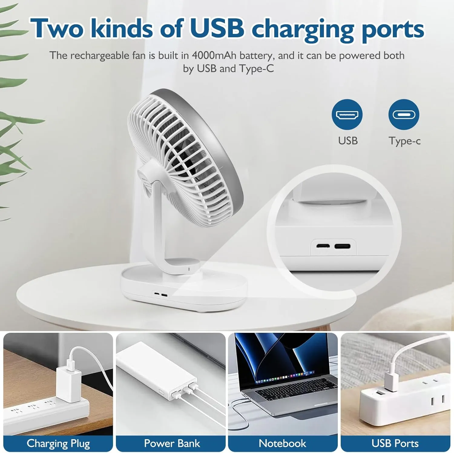 CONBOLA Small Desk Fan for Bedroom, 4000mAh Battery Powered Rechargeable Fan, 90 Vertical Manual and 120 Oscillating, 4 Speeds Air Circulator Fan, Quiet Table Fan for Home Office, White
