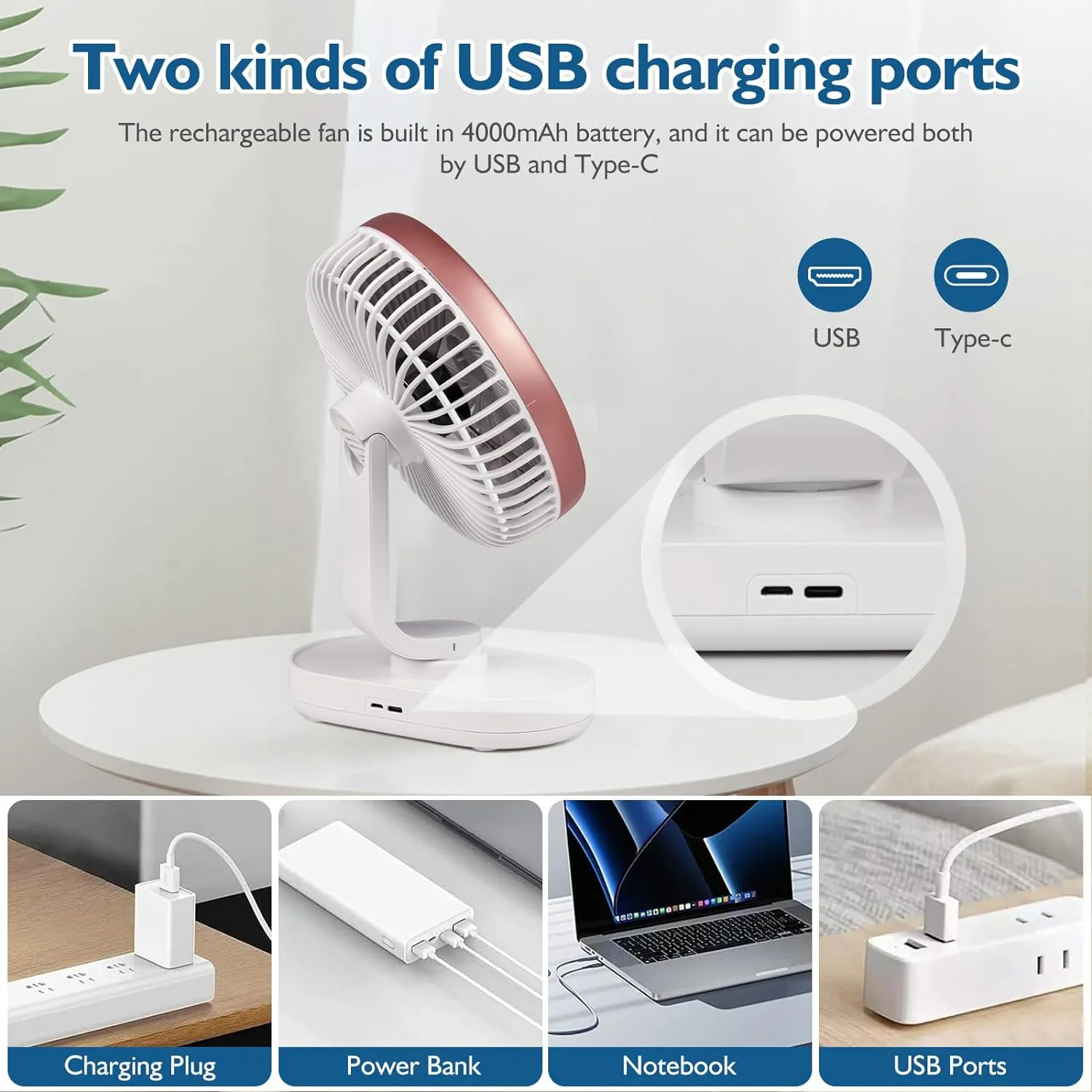 CONBOLA Small Desk Fan for Bedroom, 4000mAh Battery Powered Rechargeable Fan, 90 Vertical Manual and 120 Oscillating Fan, 4 Speeds Quiet Air Circulator Table Fan for Home Office, Pink