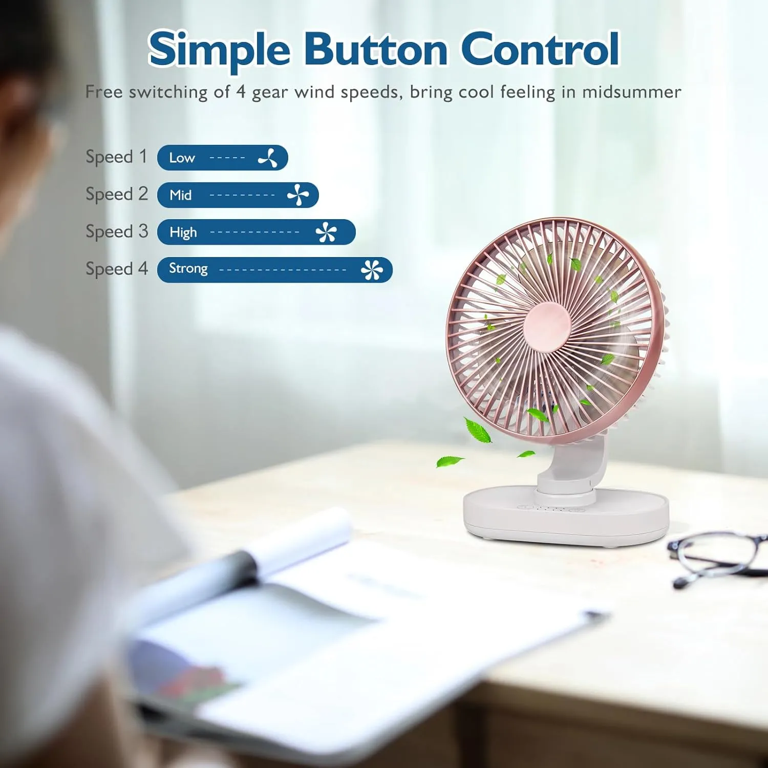 CONBOLA Small Desk Fan for Bedroom, 4000mAh Battery Powered Rechargeable Fan, 90 Vertical Manual and 120 Oscillating Fan, 4 Speeds Quiet Air Circulator Table Fan for Home Office, Pink