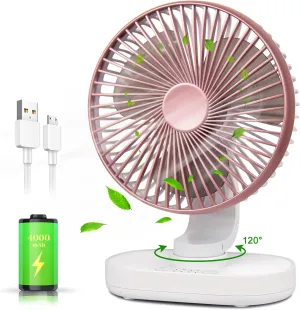 CONBOLA Small Desk Fan for Bedroom, 4000mAh Battery Powered Rechargeable Fan, 90 Vertical Manual and 120 Oscillating Fan, 4 Speeds Quiet Air Circulator Table Fan for Home Office, Pink USB desktop fan for workspace