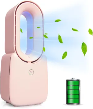 CONBOLA Small Tower Fan, 11.8 Inch Personal Portable Fan Rechargeable, USB Quiet Bladeless Desk Fan with 3 Speeds, Battery Operated Fan with Decorative LED for Office Bedroom Outdoor Table Home(Pink) Desktop fan with humidification feature