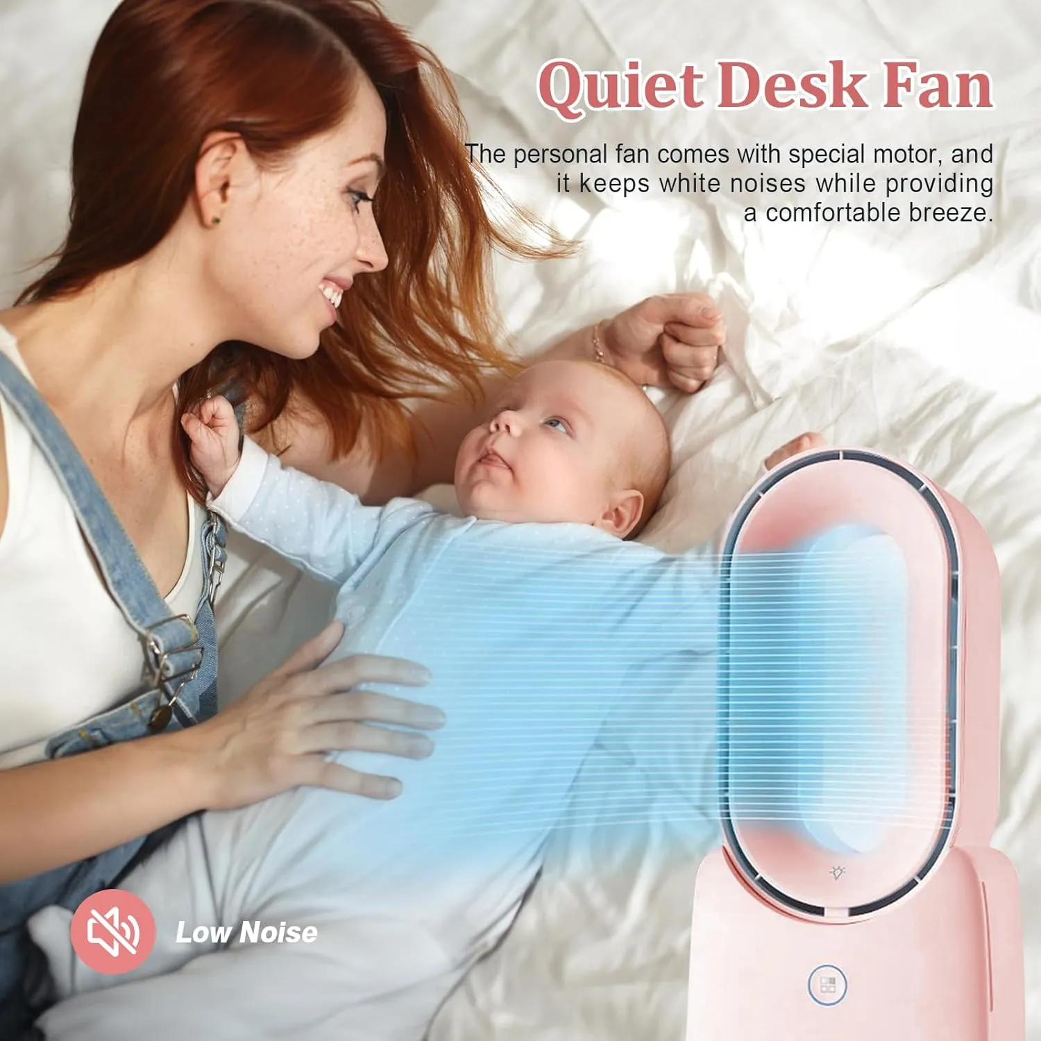 CONBOLA Small Tower Fan, 11.8 Inch Personal Portable Fan Rechargeable, USB Quiet Bladeless Desk Fan with 3 Speeds, Battery Operated Fan with Decorative LED for Office Bedroom Outdoor Table Home(Pink)