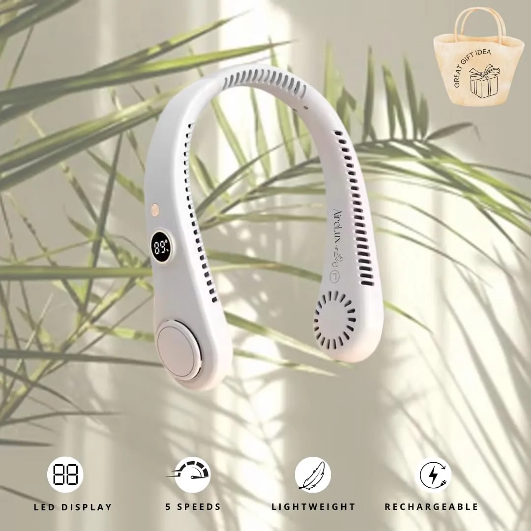 Cooling Neck Fan, 5-Speed, USB Rechargeable Bladeless Hands-Free Portable Lightweight Quiet LED Display Indoor Outdoor Birthday Xmas Gift Men Women Summer Travel (Classic White), BZ-F101A