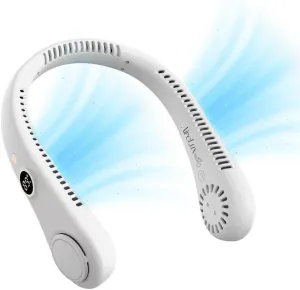 Cooling Neck Fan, 5-Speed, USB Rechargeable Bladeless Hands-Free Portable Lightweight Quiet LED Display Indoor Outdoor Birthday Xmas Gift Men Women Summer Travel (Classic White), BZ-F101A Neck fan for hands-free comfort