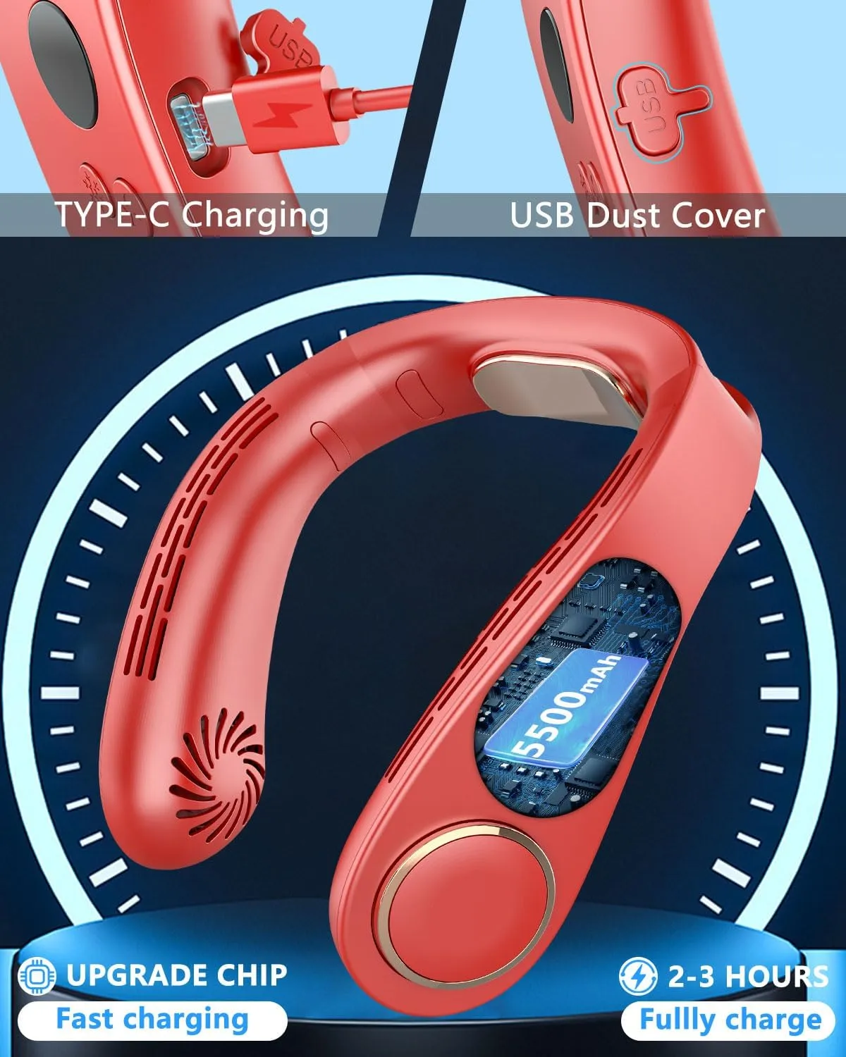 Cooling Neck Fan Rechargeable Cold Air-Neck Air Cooler Conditioner Fan,Necklace Fan Battery Operated with LED Display,4 Fan Speeds and Cooling Plate,Hands Free Head Wearable Personal Fans for Neck Red