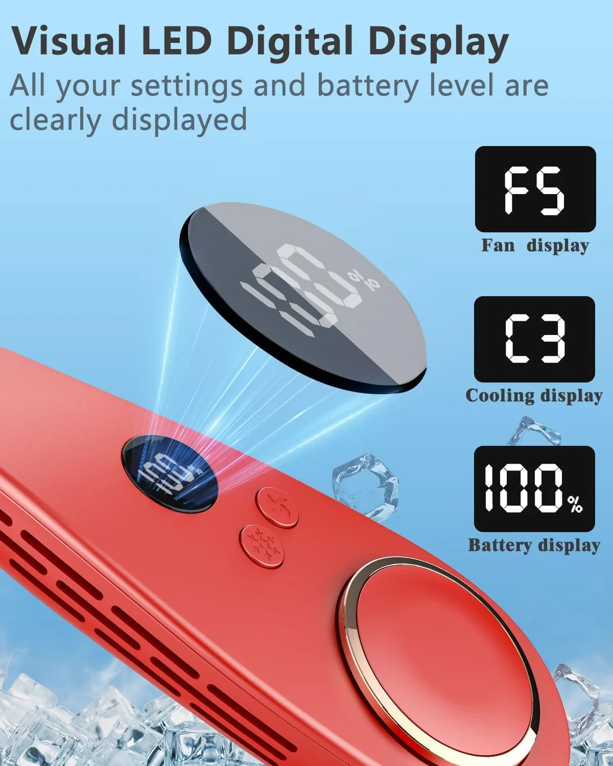 Cooling Neck Fan Rechargeable Cold Air-Neck Air Cooler Conditioner Fan,Necklace Fan Battery Operated with LED Display,4 Fan Speeds and Cooling Plate,Hands Free Head Wearable Personal Fans for Neck Red