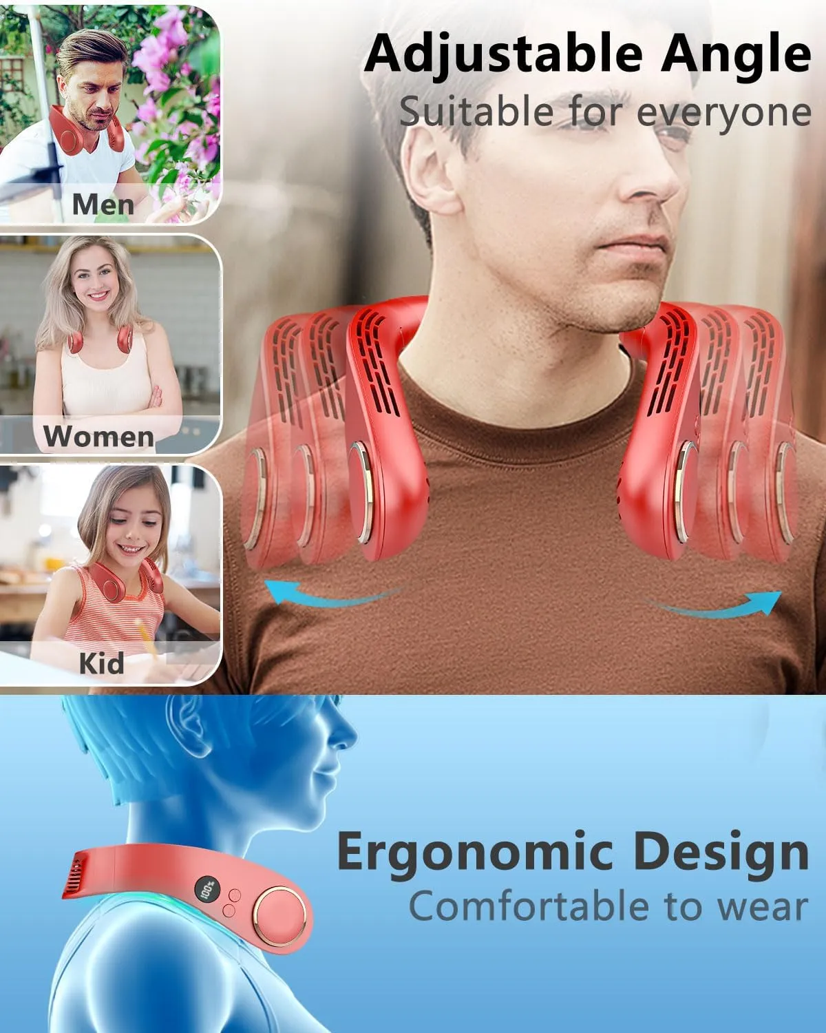 Cooling Neck Fan Rechargeable Cold Air-Neck Air Cooler Conditioner Fan,Necklace Fan Battery Operated with LED Display,4 Fan Speeds and Cooling Plate,Hands Free Head Wearable Personal Fans for Neck Red